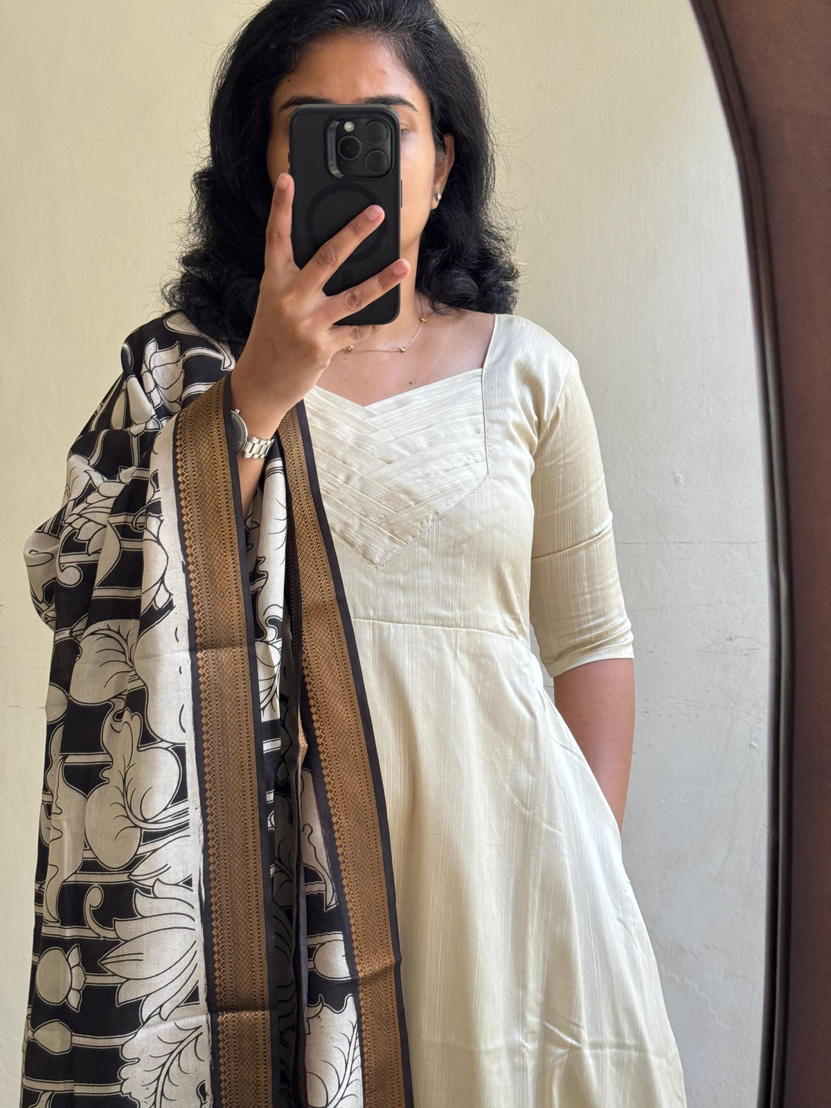 Cream RawSilk with Kalamkari Duppata - Made On Order