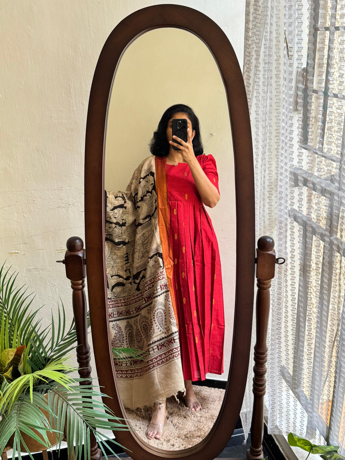 Red Rawsilk with Kalamkari Duppata - Made On Order
