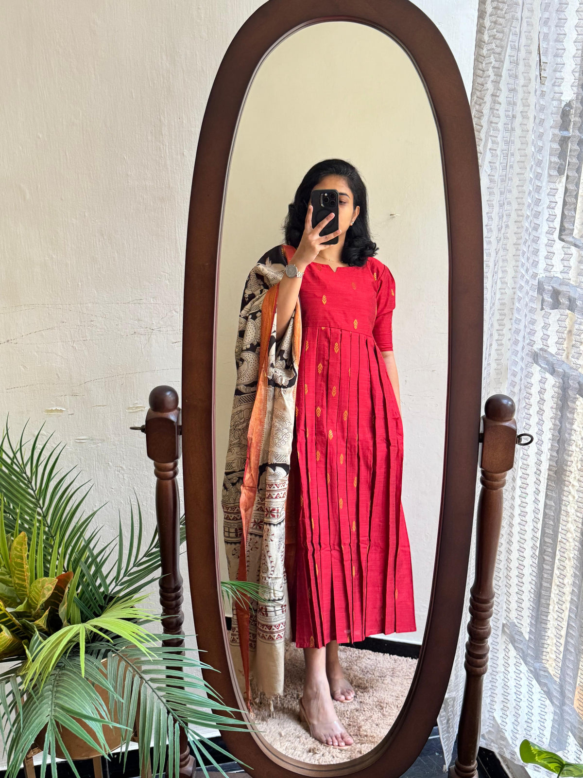 Red Rawsilk with Kalamkari Duppata - Made On Order