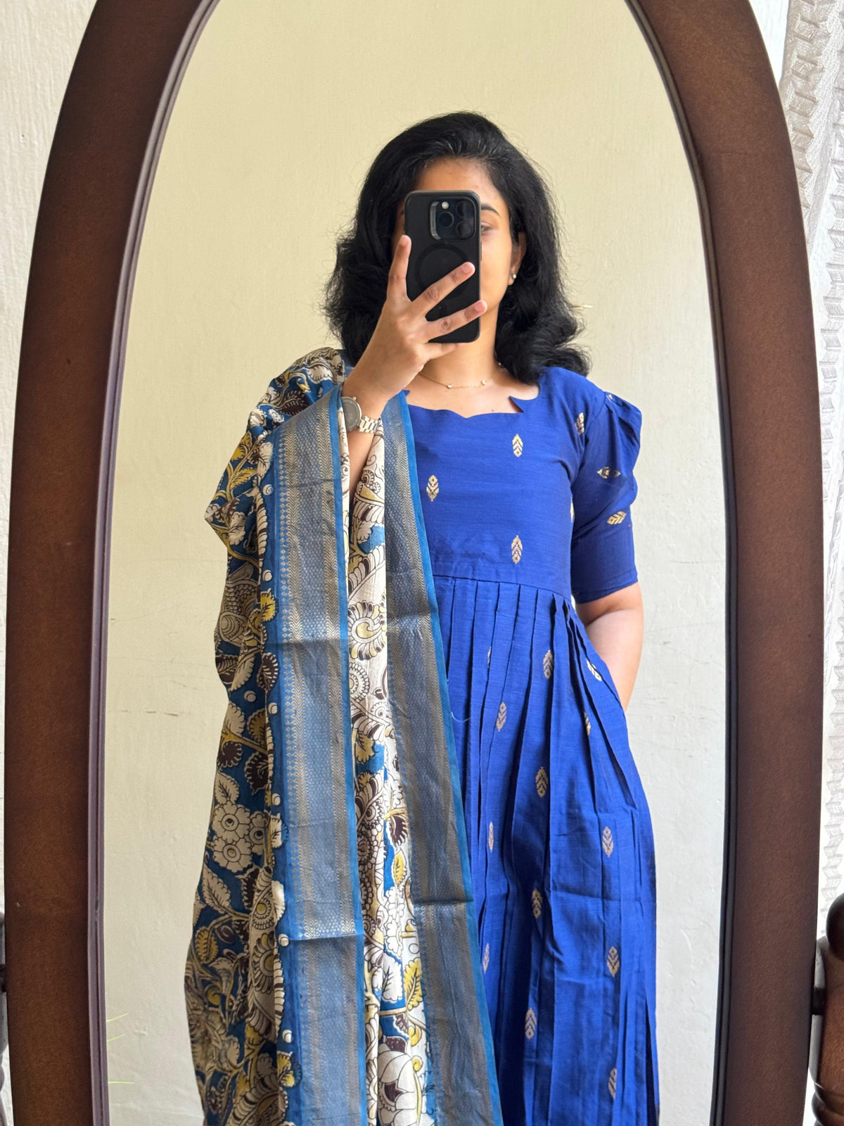 Blue Rawsilk with Kalamkari Duppata - Made On Order