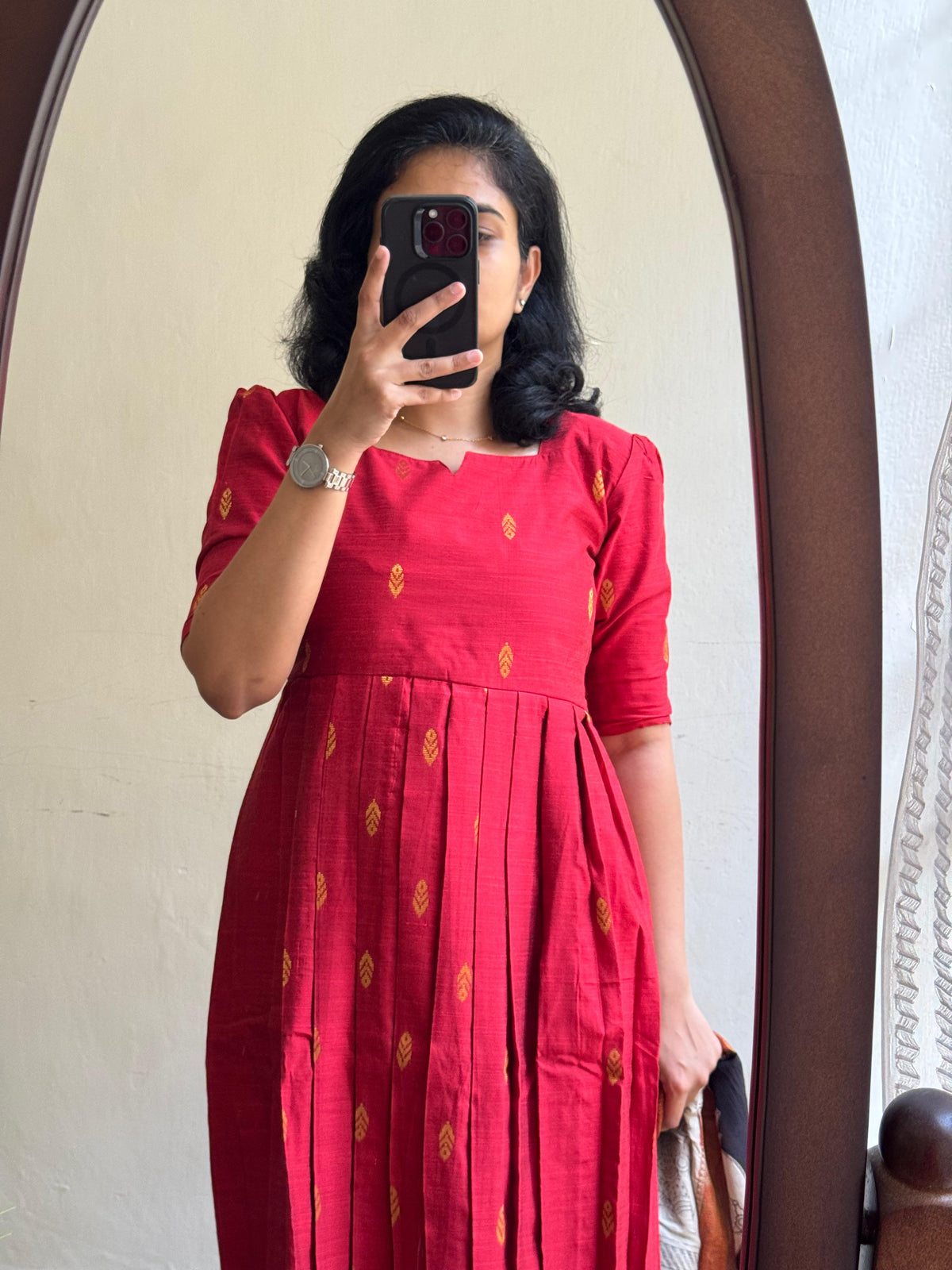 Red Rawsilk with Kalamkari Duppata - Made On Order