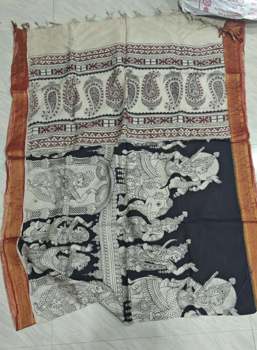 Red Rawsilk with Kalamkari Duppata - Made On Order