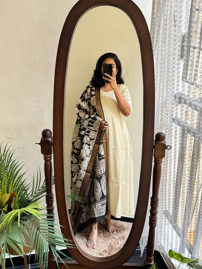 Cream RawSilk with Kalamkari Duppata - Made On Order - Astonish Admire