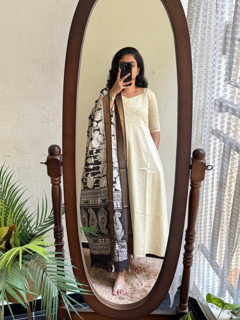Cream RawSilk with Kalamkari Duppata - Made On Order - Astonish Admire